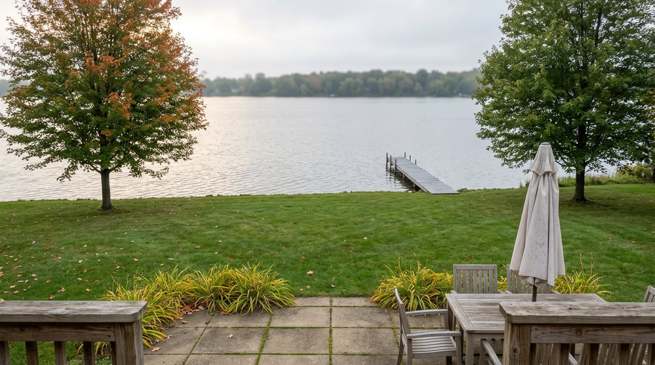 Paver patio with teak dining set and closed umbrella overlooking a sloping lawn, wooden pier, and lake.