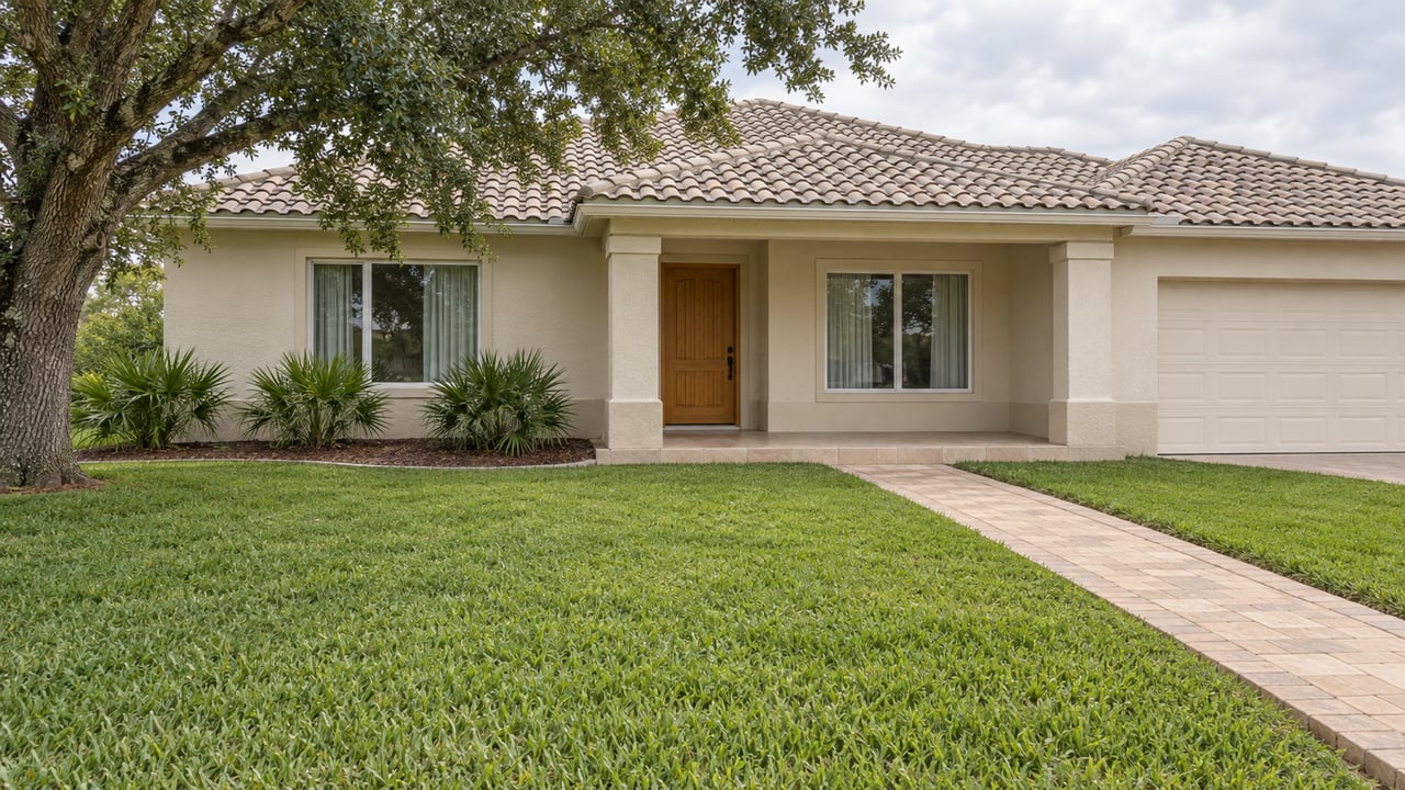 Light stucco single-story home with a pale tile hip roof, recessed porch and deep lawn beneath a mature live oak.