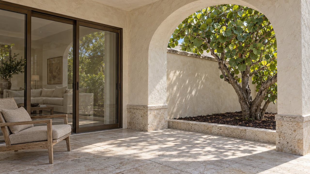 Ivory stucco arch and bronze-framed glass doors beside a limestone terrace, teak lounge chair and sea grape tree.