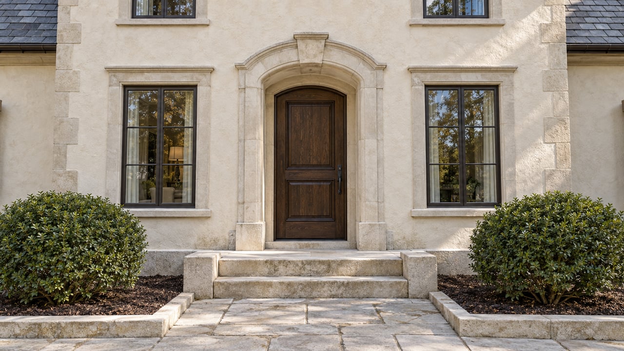 An ivory stucco home with a carved limestone entry, dark oak door, paired windows and clipped yaupon hollies beside stone steps.