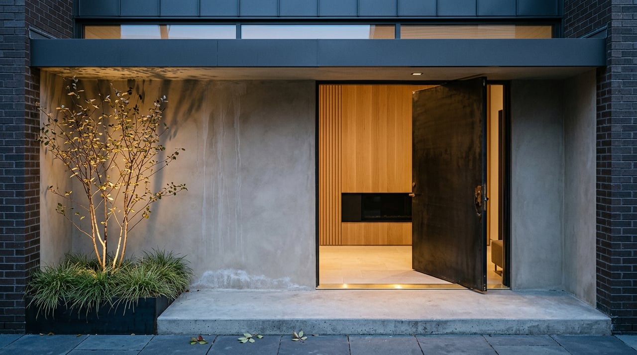 Open black steel doorway spills warm light onto blue-hour plaster beside a serviceberry planter.