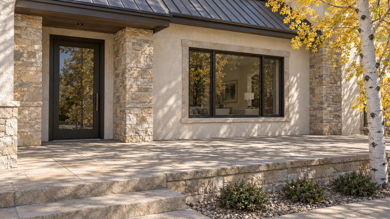 Autumn sunlight falls across a pale stone and stucco home's covered entry, sandstone terrace, and golden aspen.