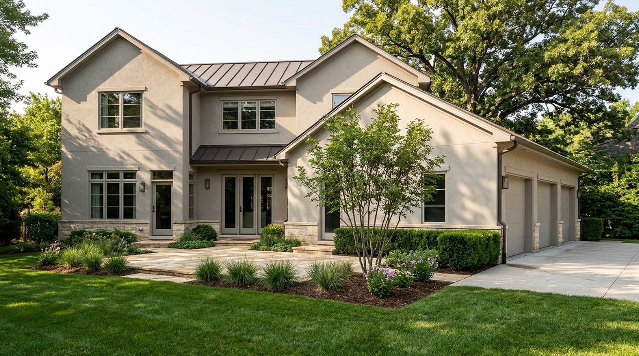 Warm greige stucco home with a flagstone patio, clipped lawn, and mature oak shading the garage wing.