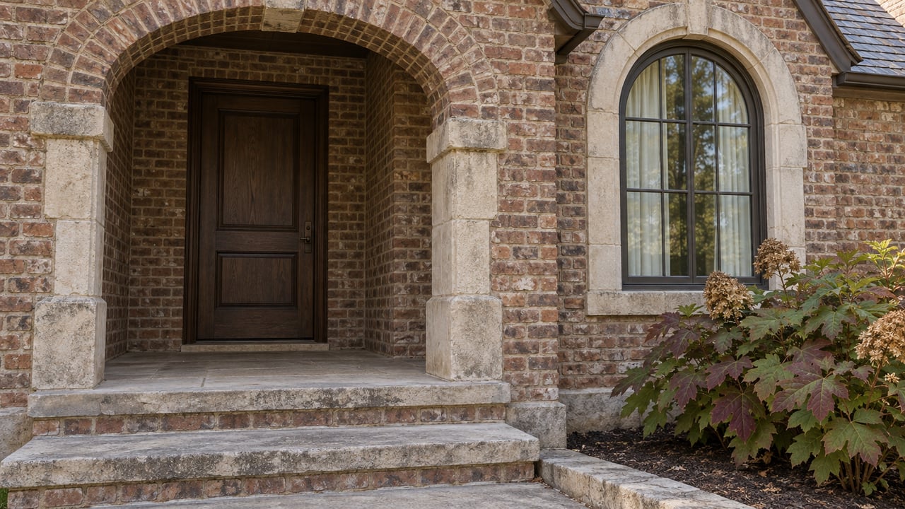Close view of an arched brick home entrance with a dark oak door, limestone steps and a tall arched window beside autumn oakleaf hydrangea.