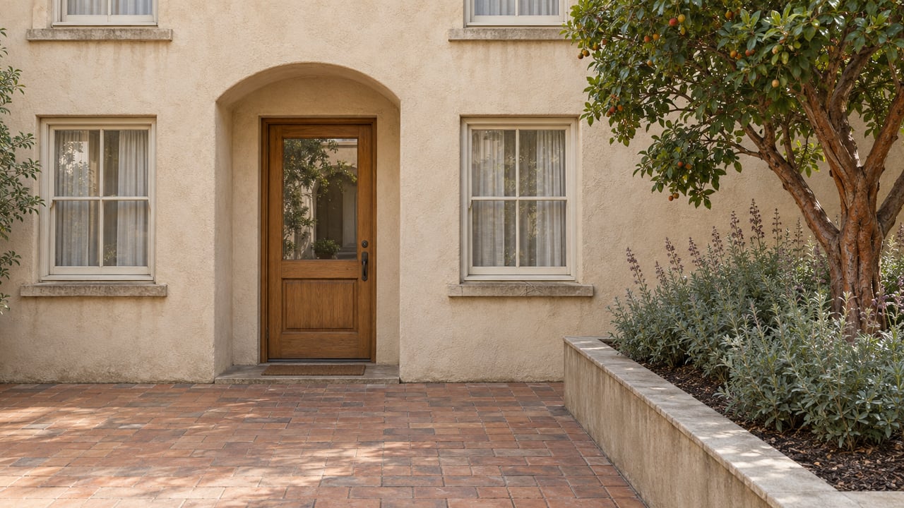 Arched oak-and-glass entrance in a softly weathered stucco apartment facade, with terracotta courtyard paving and a raised bed of strawberry tree and Cleveland sage.