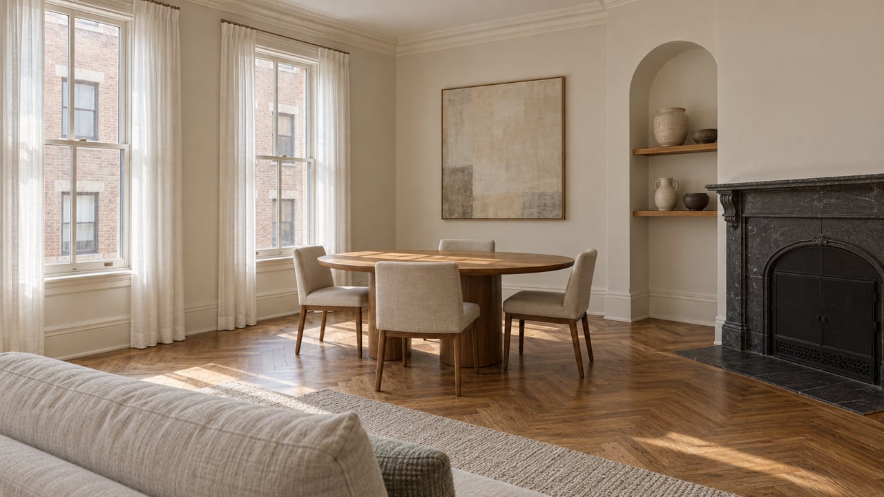 Morning light falls across oak herringbone floors and an understated dining area beside a dark stone fireplace.