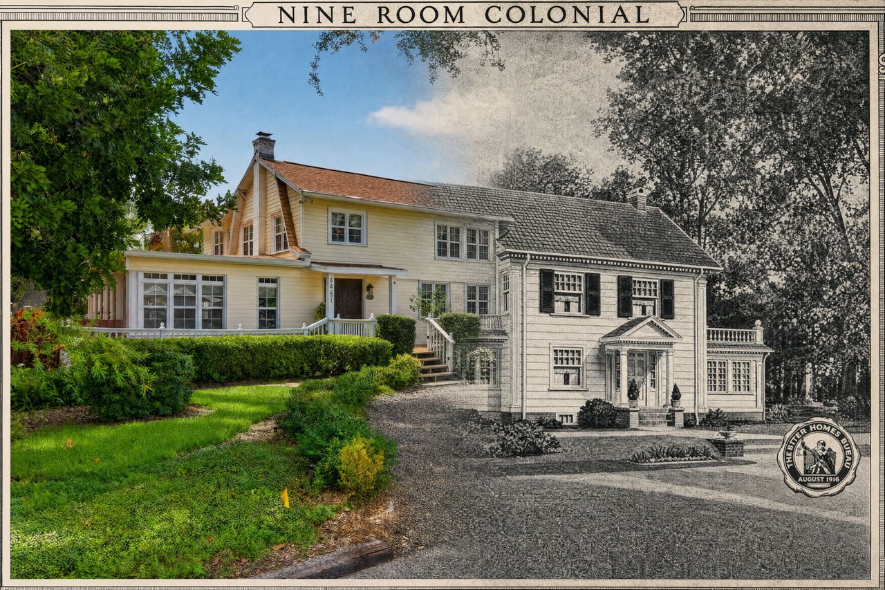 Historical kit home on Charles Lane, paired with a black-and-white illustration of its colonial design.