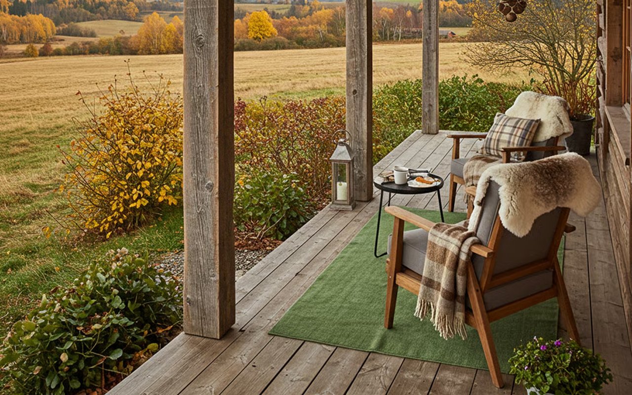 Wooden porch seating with plaid blankets overlooks a field and autumn trees.