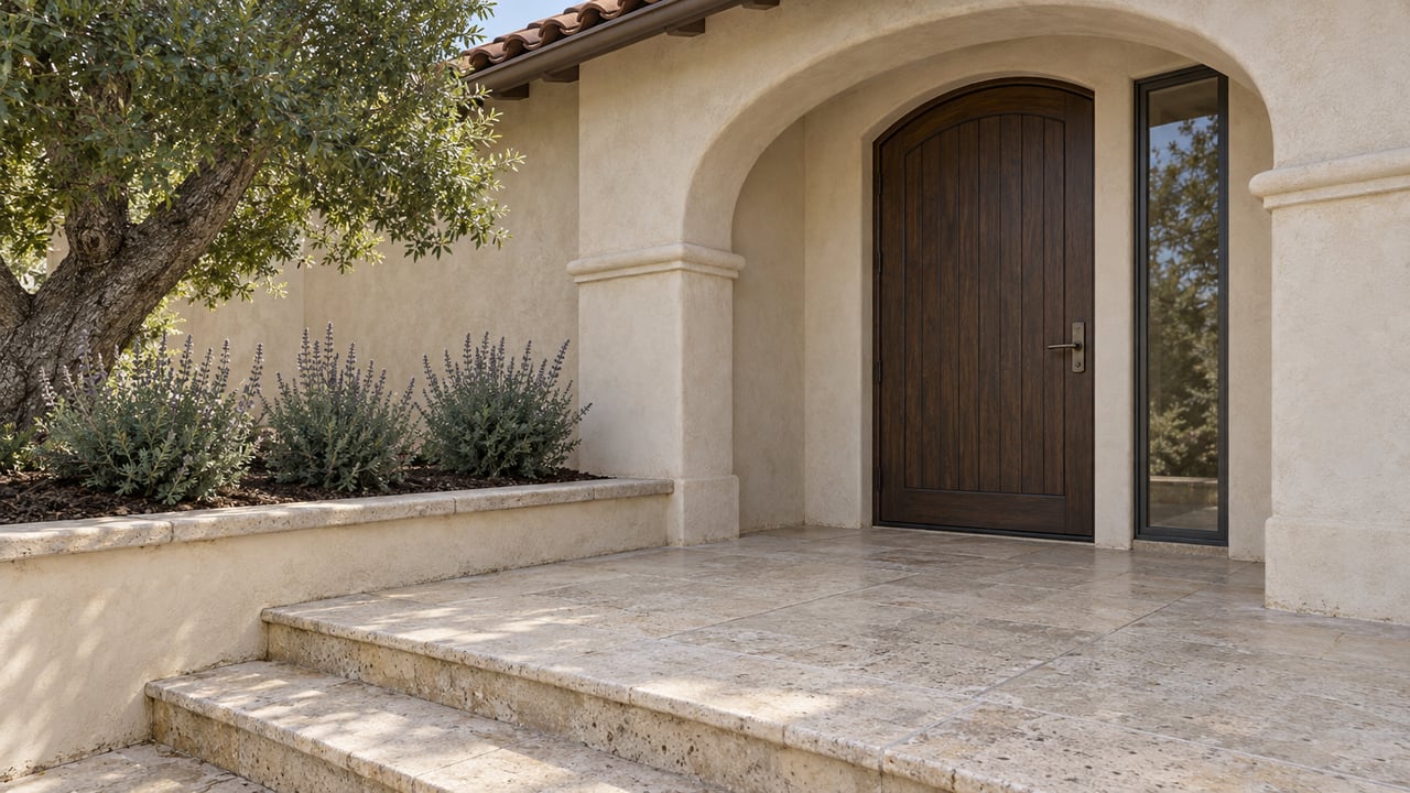 An arched ivory stucco entrance with an oak door, bronze-framed sidelight, limestone steps and mature oak planting.