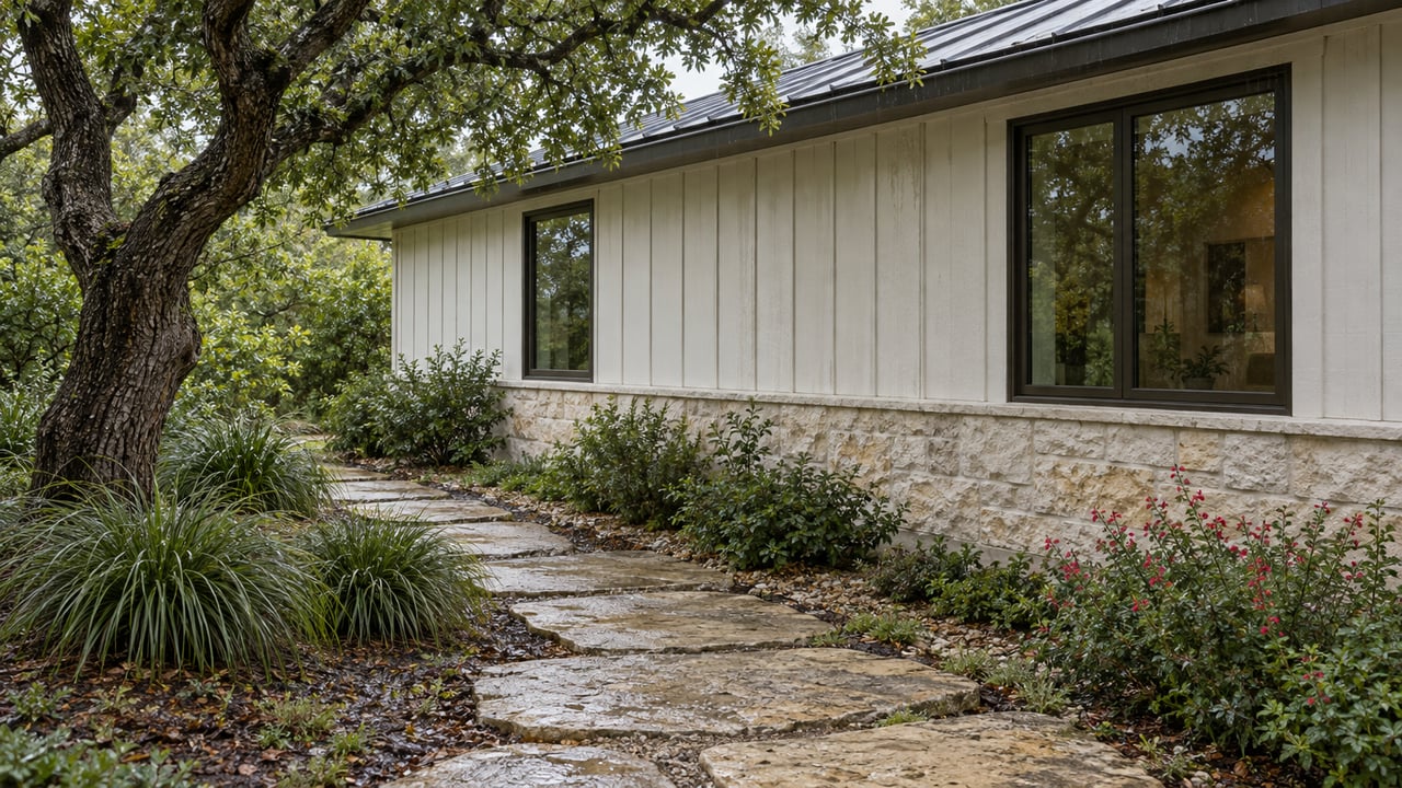 Low-slung home with off-white siding and limestone base beside a stepping-stone path, oak, and garden plants.