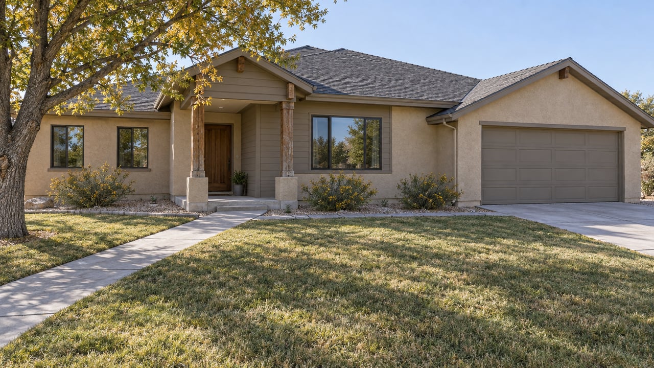 One-story stucco home with a covered timber entry, broad garage, deep lawn, and an autumn-colored shade tree in clear morning light.