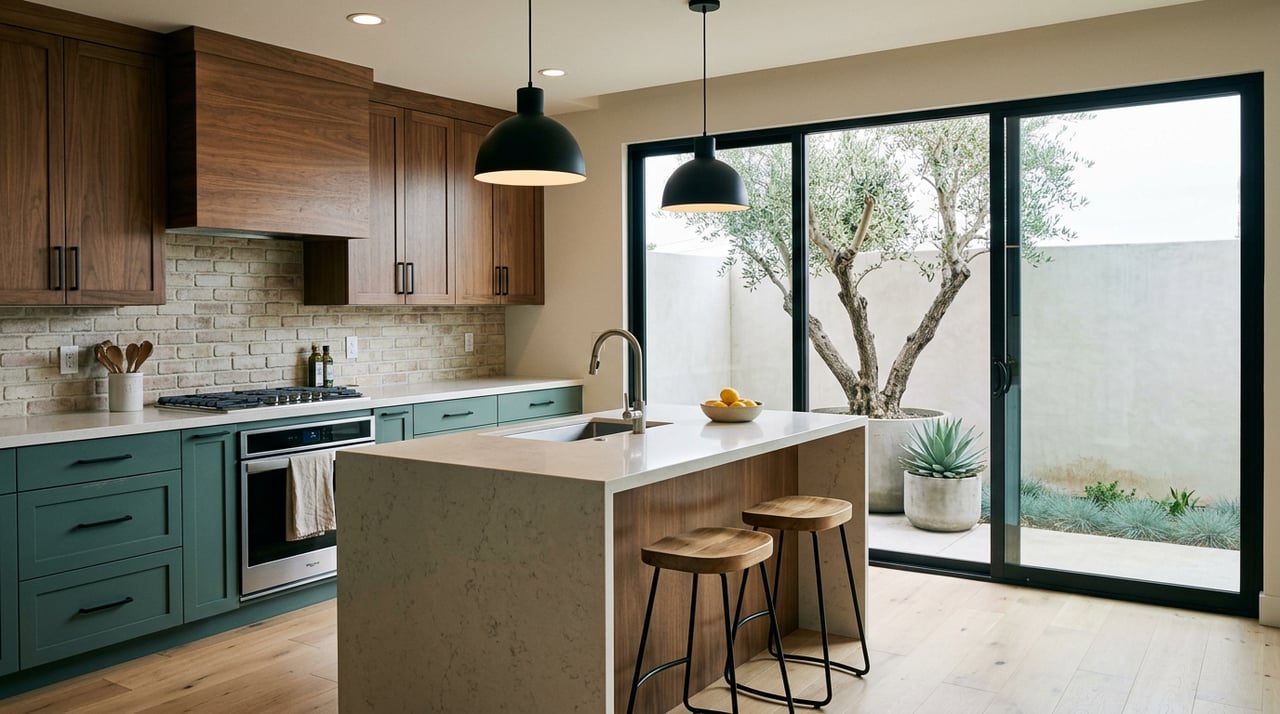 Modern kitchen with a quartz island, teal cabinets, walnut hood, and courtyard olive tree beyond a glass slider.