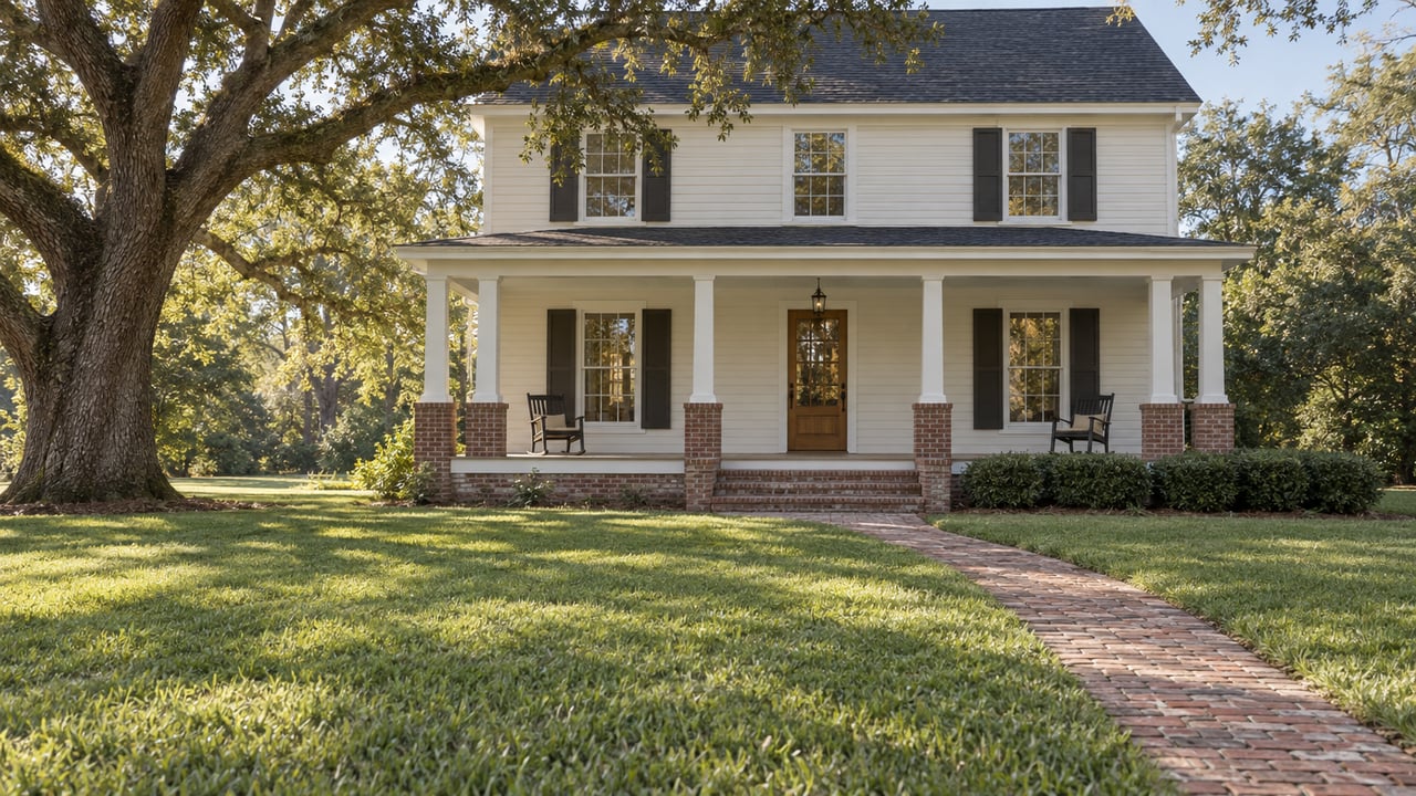 Two-story clapboard house with a broad porch, oak branches overhead, and a brick path crossing the lawn.