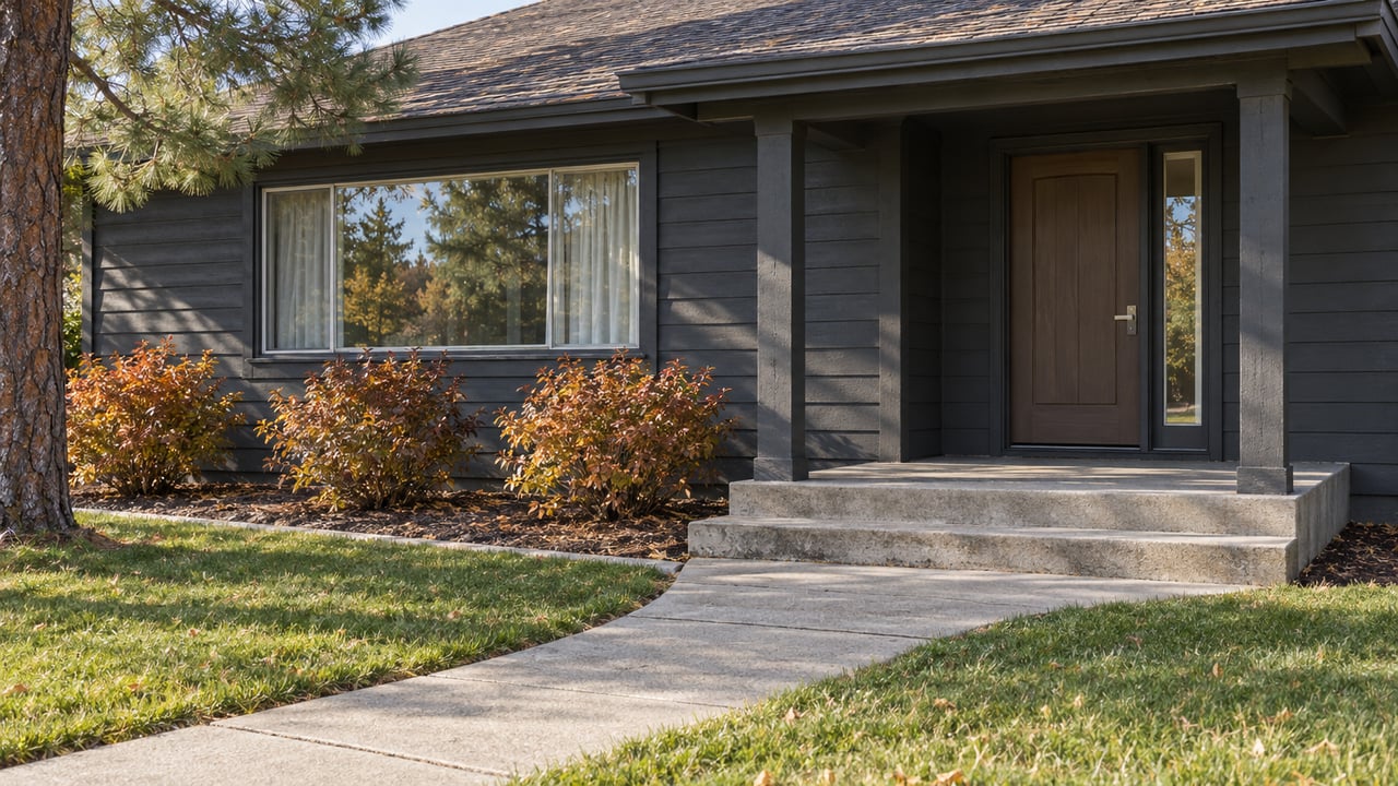 A curved concrete walk approaches the covered entry of a charcoal-sided single-story home, bordered by autumn shrubs and lawn.