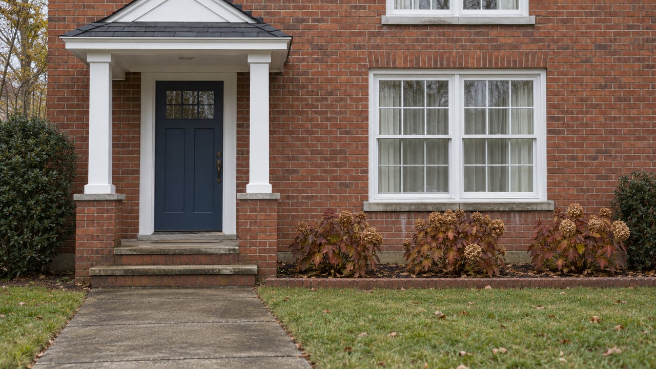 Brick colonial home entrance with navy door, paired porch posts, concrete walk and russet oakleaf hydrangeas in soft autumn light.