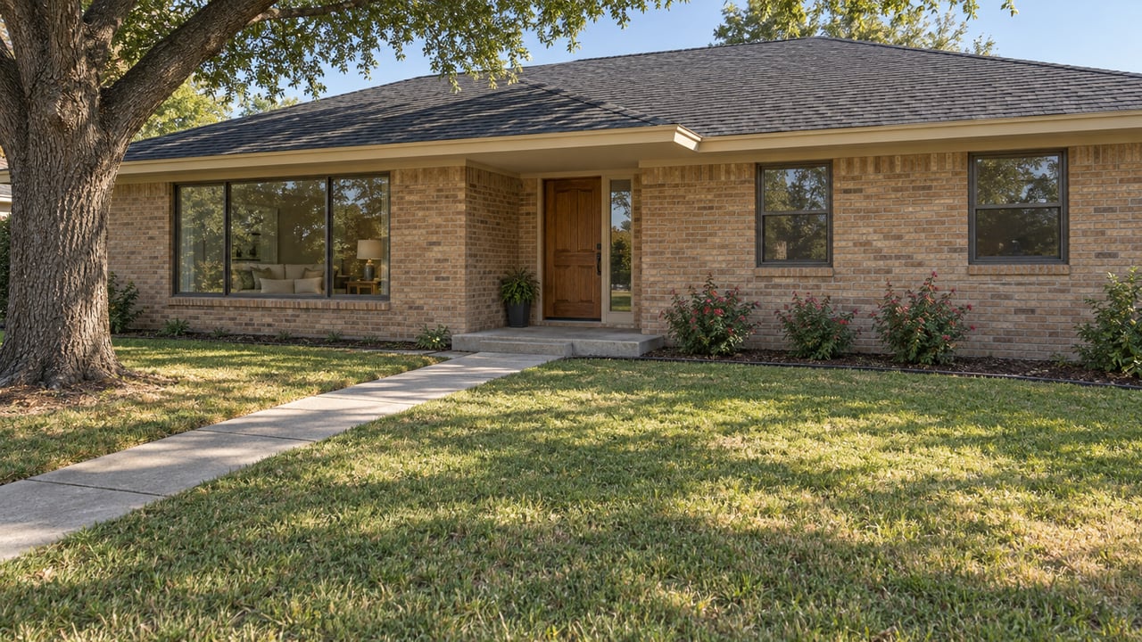 Low afternoon view across a broad lawn toward an updated single-story buff-brick home with a shaded timber entry and mature oak.