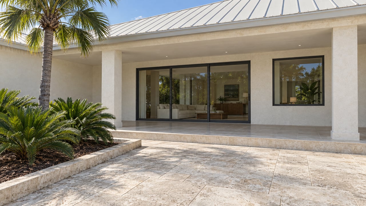 An off-white villa with a pale metal roof, shaded glass-fronted gallery, limestone approach and a sculptural fan palm.