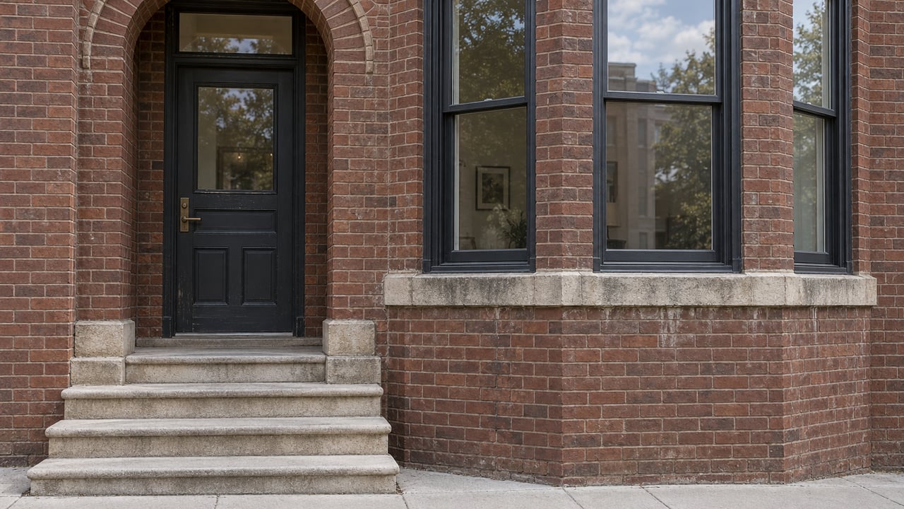 Weathered brick residential entrance with a dark wood door, limestone steps and a three-sided glazed window bay.