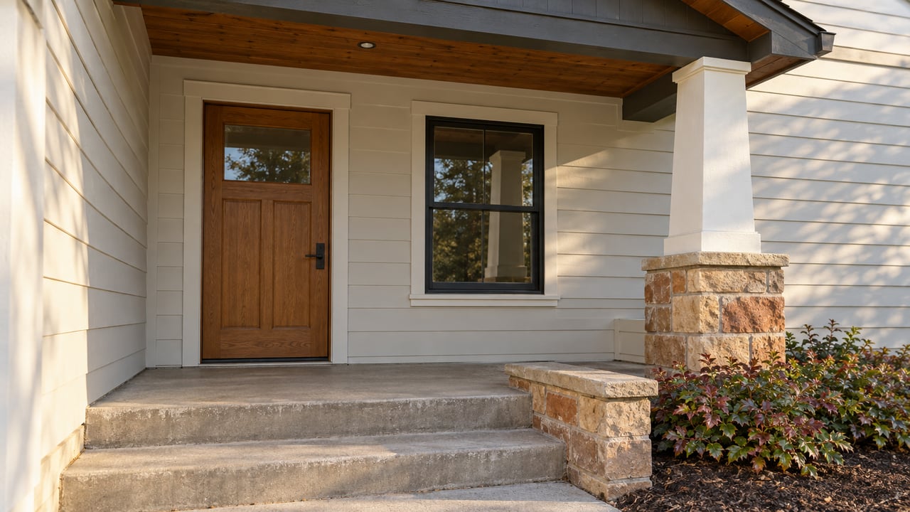 Close view of a recessed home entrance with an oak door, off-white siding, sandstone porch base and low burgundy-green planting.