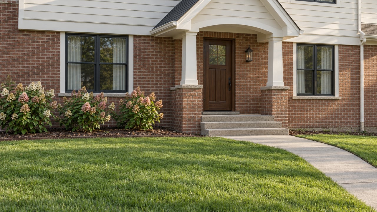 Brick and ivory-sided house entry with a steep gable, curved concrete walk and hydrangeas above a green front lawn.