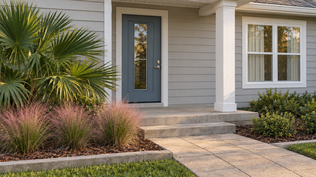 Covered entry of a pale-gray sided home, with a blue-gray door, concrete steps and flowering pink muhly grass beside a dwarf palmetto.
