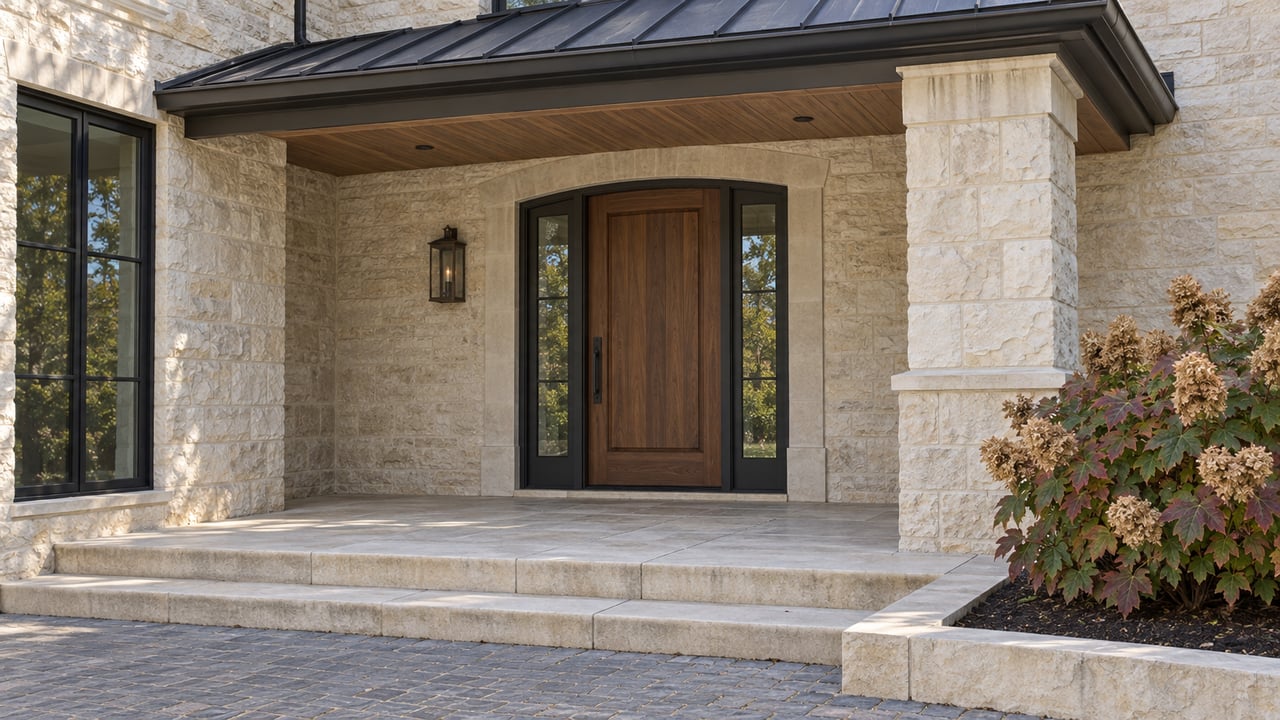 A sheltered limestone entry with a walnut door, paired glazed sidelights, broad stone steps, and autumn oakleaf hydrangea.