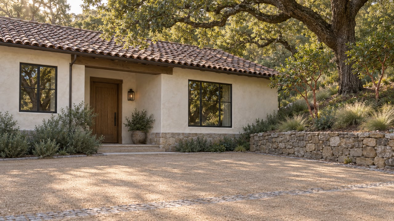 Cream stucco house with clay-tile roof beyond a gravel court, beneath an oak canopy.