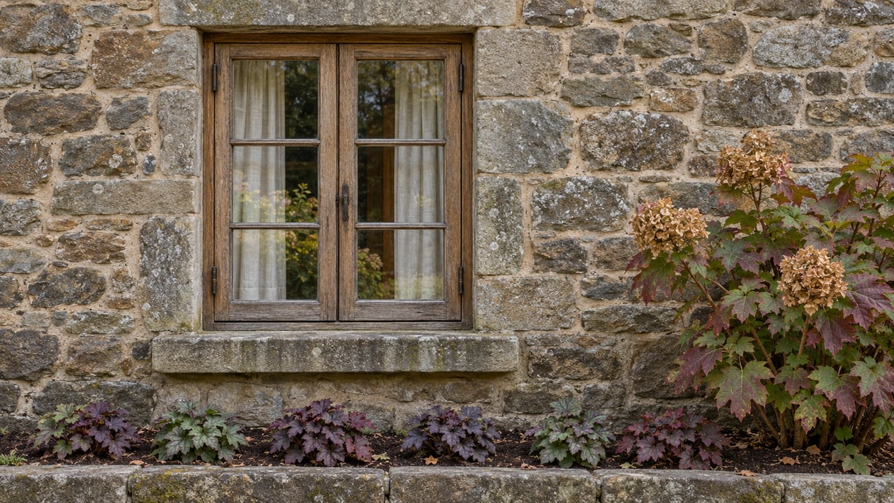 Weathered oak casement window set into a fieldstone house above a stone-edged bed of autumn oakleaf hydrangea and heuchera.