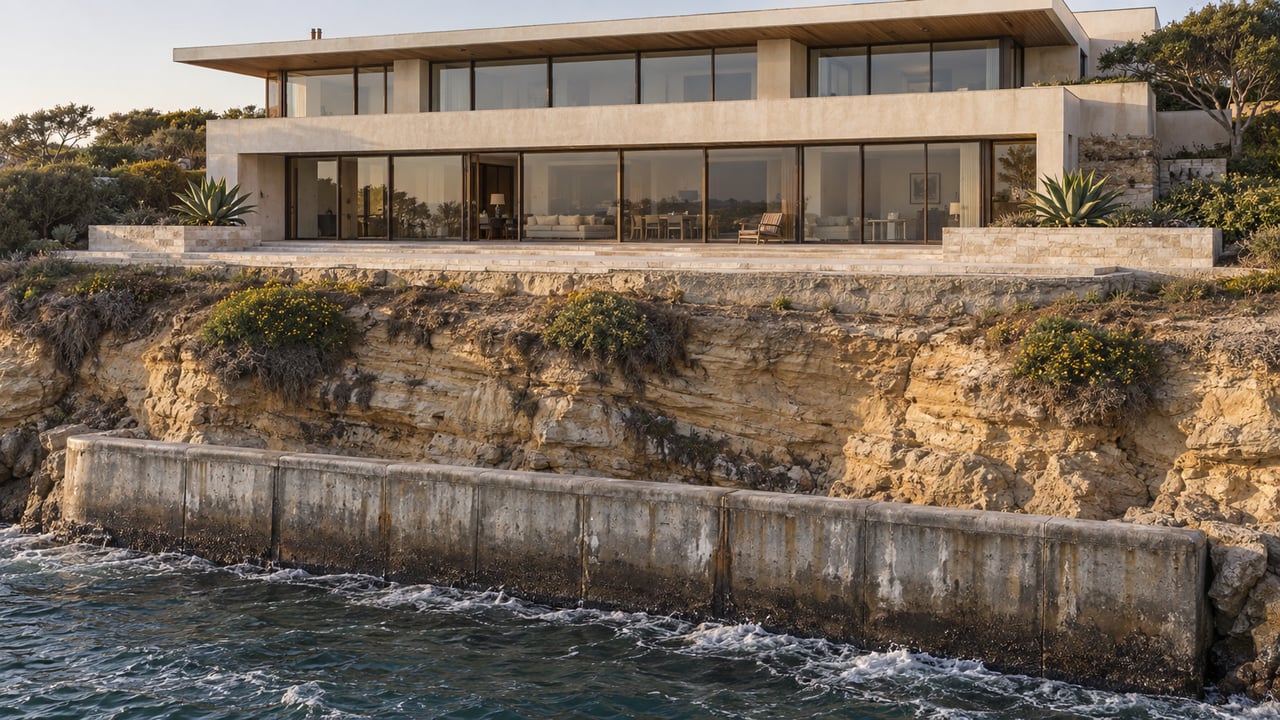 Stucco coastal house set back above a layered sandstone bluff, with a concrete seawall at the waterline.