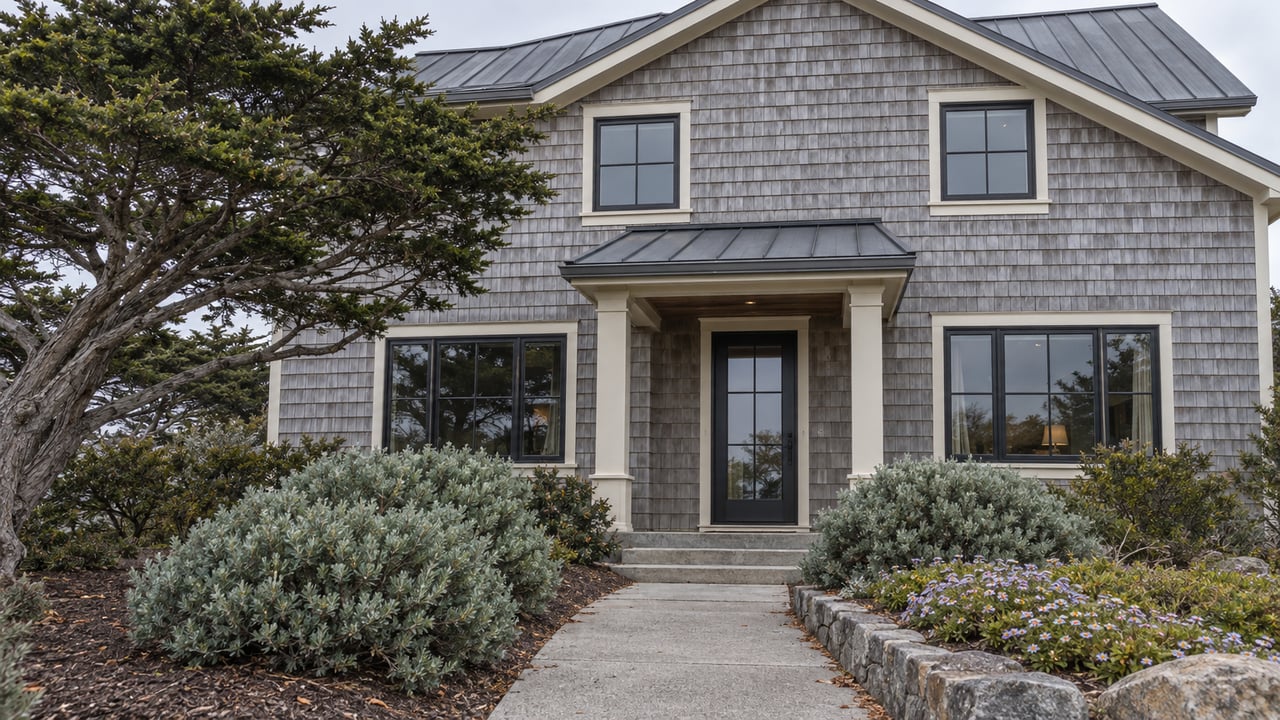 Weathered gray-shingled coastal cottage with a covered entry, concrete walk, and wind-shaped cypress.