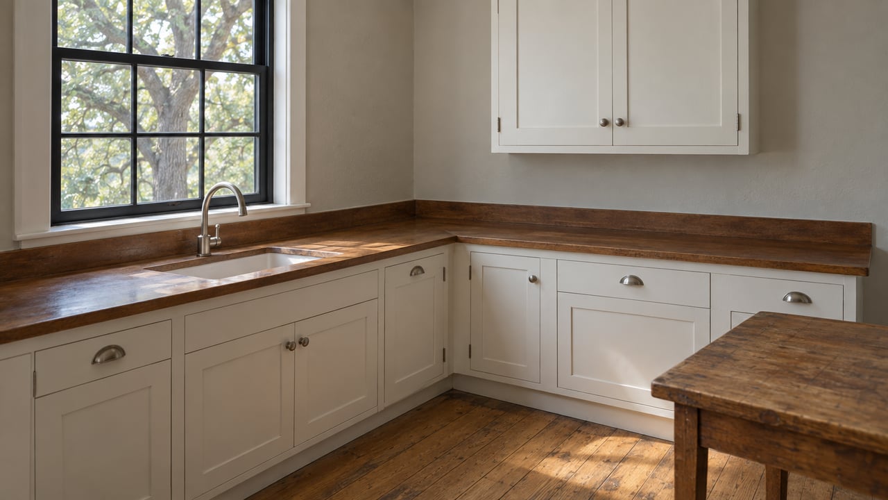 Compact older kitchen with a wood countertop, white cabinets, and a black-framed window overlooking an oak tree.