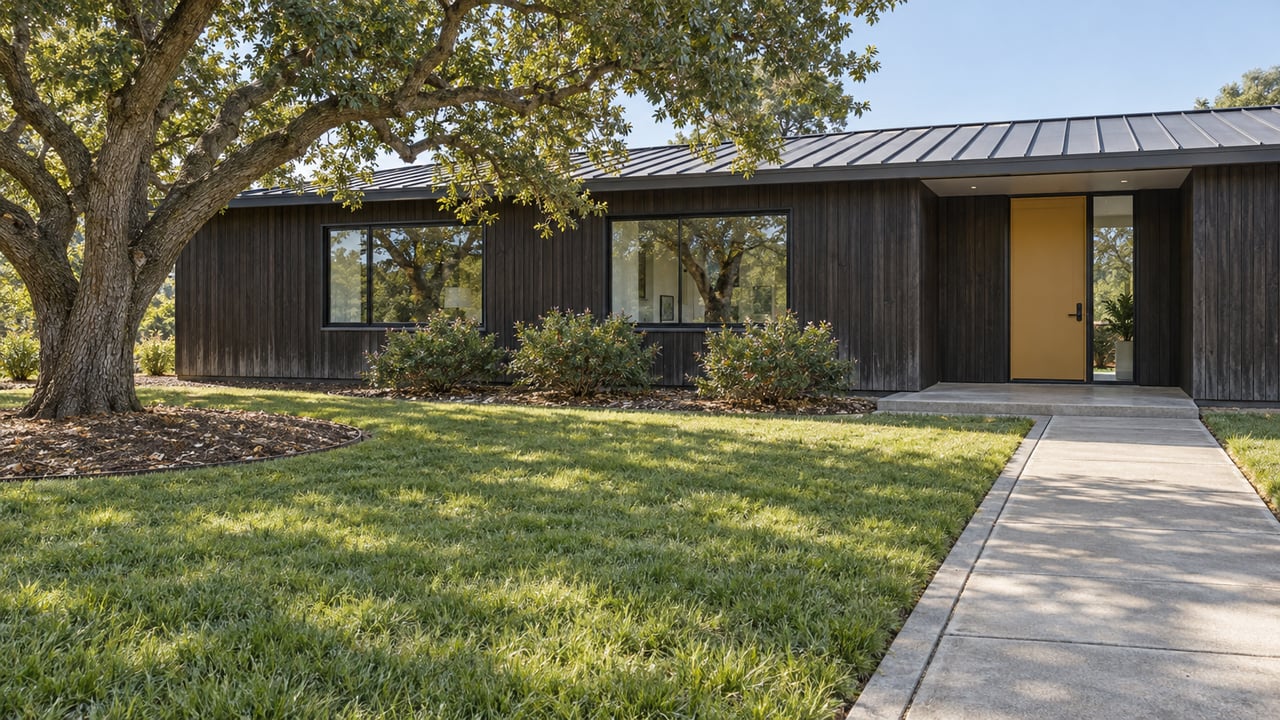 Dark wood single-story home with a sheltered ochre door, broad windows, deep lawn and mature spreading oak.