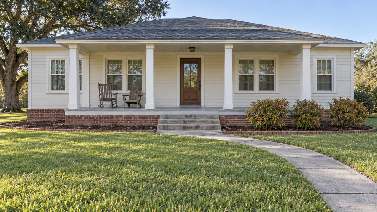 An ivory-sided single-story home with a broad covered porch, brick foundation and deep green front lawn beneath a mature live oak.