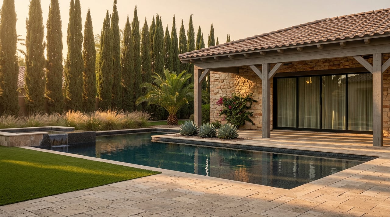 Desert home terrace with a dark pool, raised spa spillway, stone wall, wood-beam loggia, and columnar cypress.