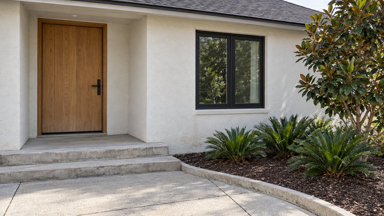 Warm white stucco home with an oak entry door, black-framed window, raised concrete porch and carefully edged planting bed.