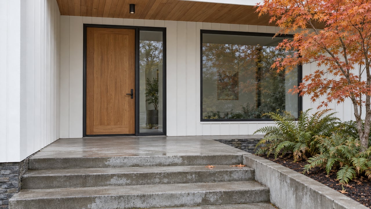 Autumn maple beside a sheltered oak front door, white vertical siding and gently weathered concrete steps.