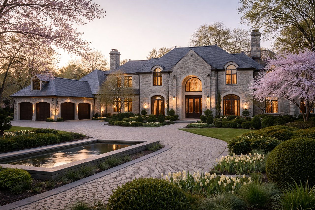 Luxury estate home in Northern Virginia during early spring with manicured grounds and modern architecture