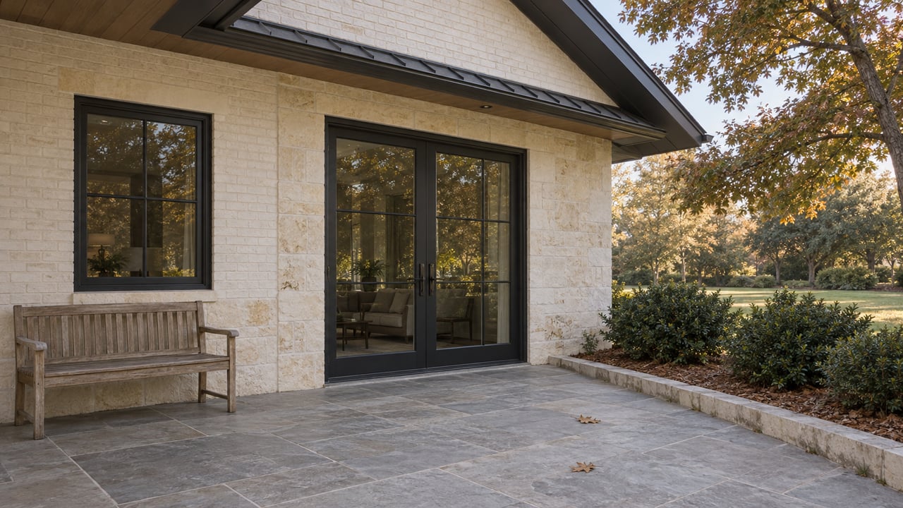 Covered stone terrace with black-framed glass doors, pale masonry, a weathered teak bench and curated oak and holly planting.