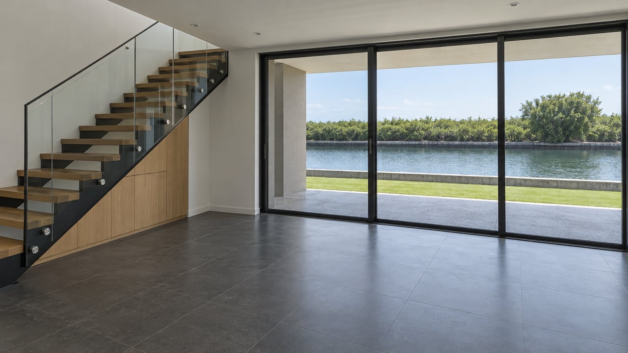 Oak staircase beside sliding glass doors, overlooking a terrace, lawn, and canal.