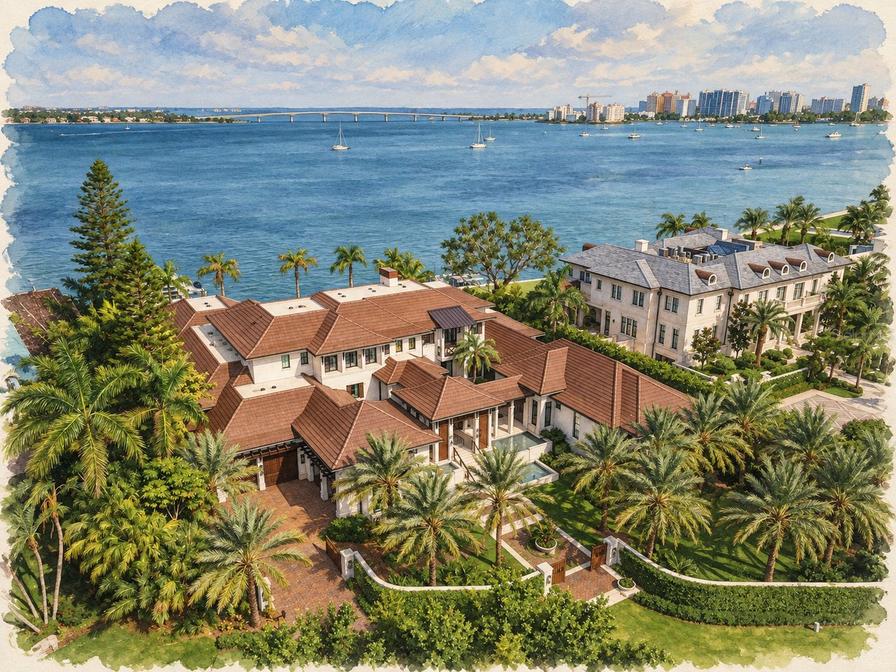 Aerial view of waterfront homes, palm-lined grounds, bay, and distant city skyline.