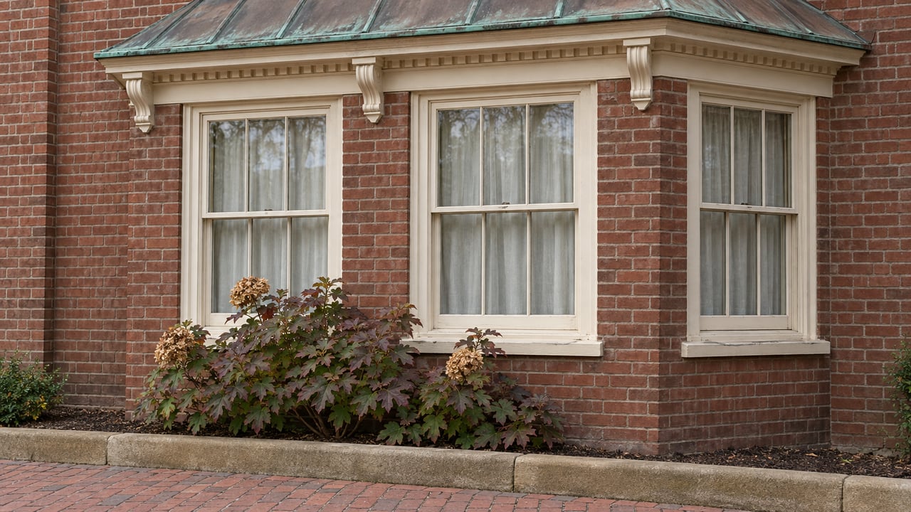 Tall ivory-trimmed sash windows in a russet brick bay above an oakleaf hydrangea and worn brick sidewalk.