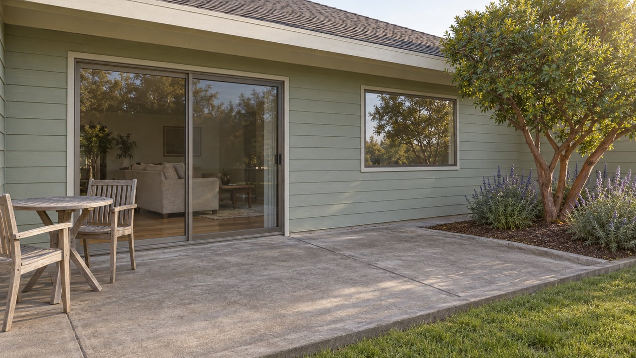 Sage-sided single-story home with broad eaves, bronze-framed glass doors and a weathered teak patio set on a concrete terrace beside a small planted garden.