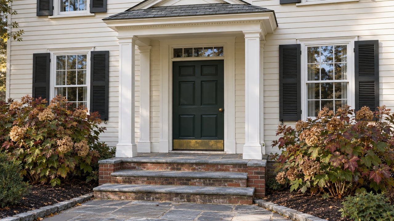 Ivory clapboard entrance with a deep-green door, paired white columns, worn stone steps and autumn oakleaf hydrangeas.
