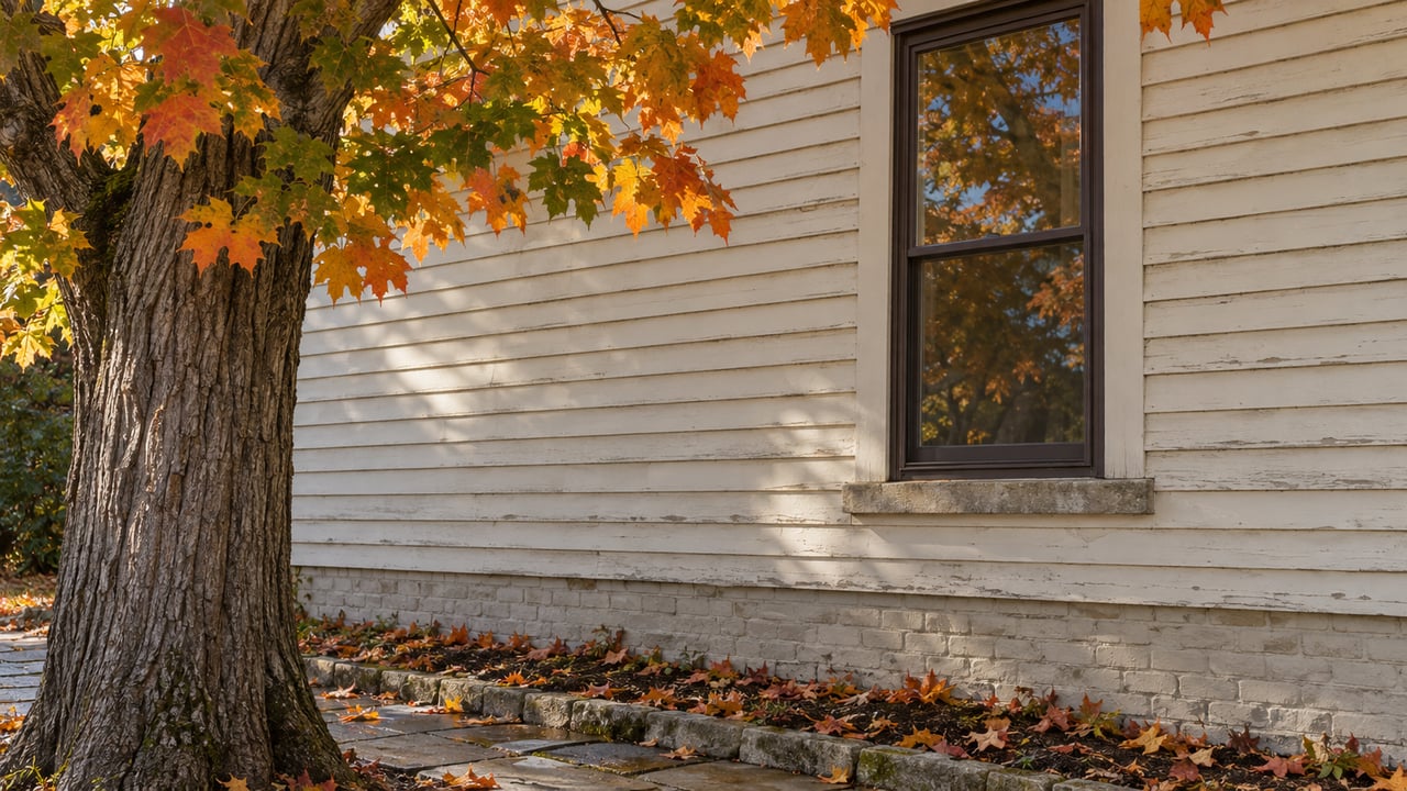 Cream clapboard house corner with a dark-framed window beside an amber and orange sugar maple.