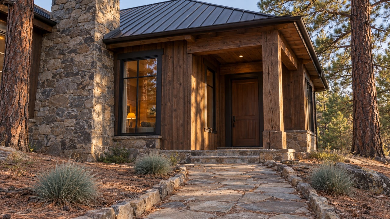 Woodland house with a stone chimney, dark timber siding, recessed entry, and flagstone path beneath ponderosa pines.
