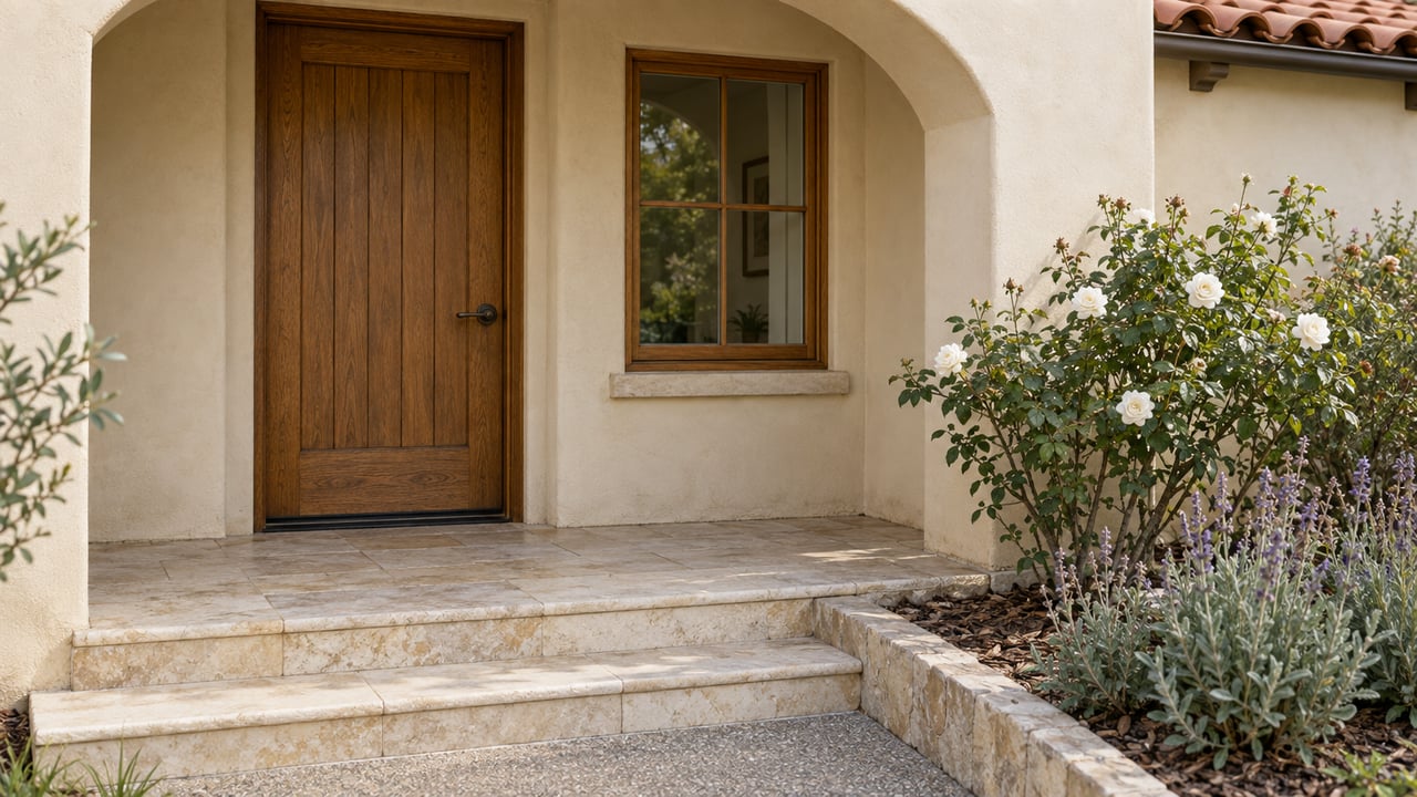 Warm-cream stucco entrance with an oak door, wood-framed window, limestone steps and white roses.