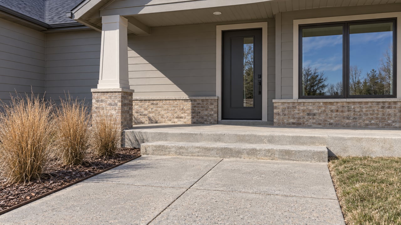 Sunlit gray-sided home entrance with buff brick, concrete steps and tawny little bluestem beside the approach.