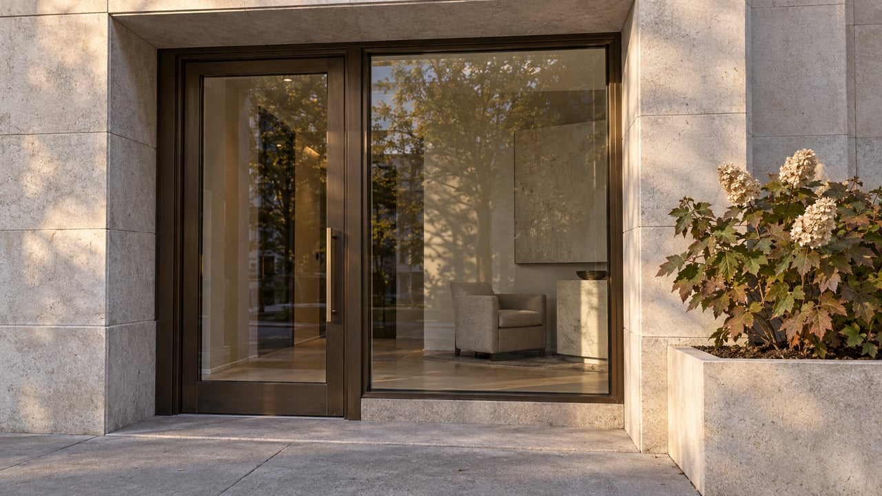 Limestone condominium entrance with bronze-framed glass, a warm oak interior, and an oakleaf hydrangea in a stone planter.