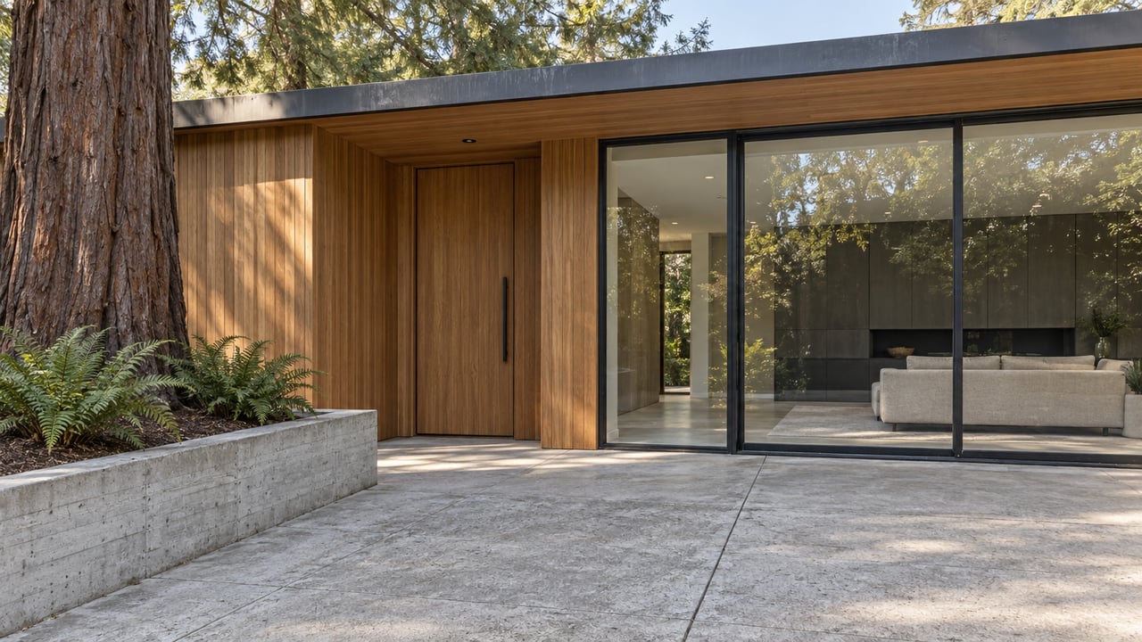 Morning light on a cedar-and-glass home entry with a concrete terrace, redwood trunk and sword ferns.