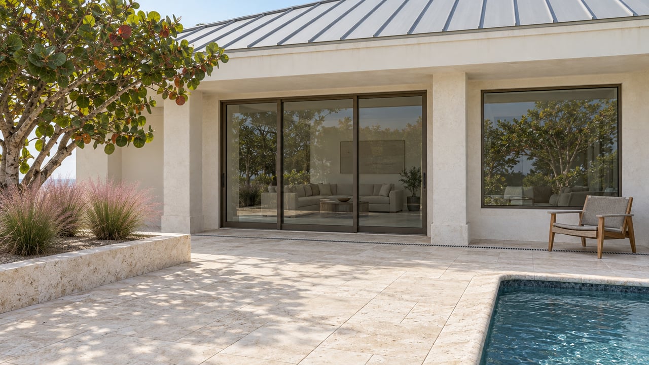 Cream-stucco coastal home with bronze-framed glass doors, shell-limestone terrace, a small pool corner and a sea-grape specimen tree.